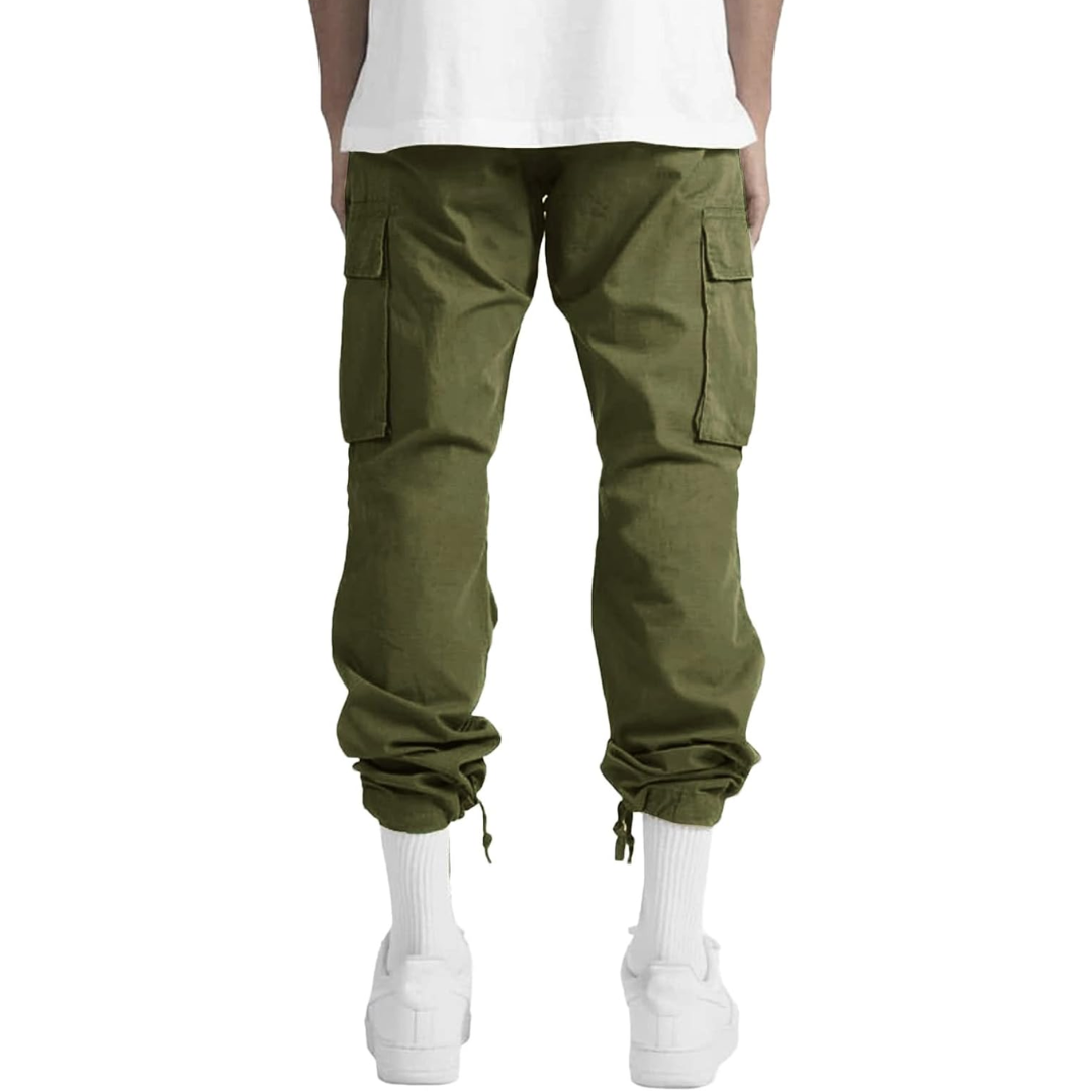 Close-up of durable fabric on men's relaxed fit cargo trousers, showing multi-pocket detail.