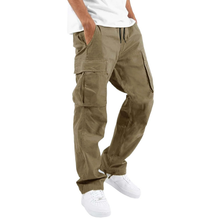 Versatile black men's relaxed fit cargo trousers, multi-pocket design, ideal for tactical or casual wear.