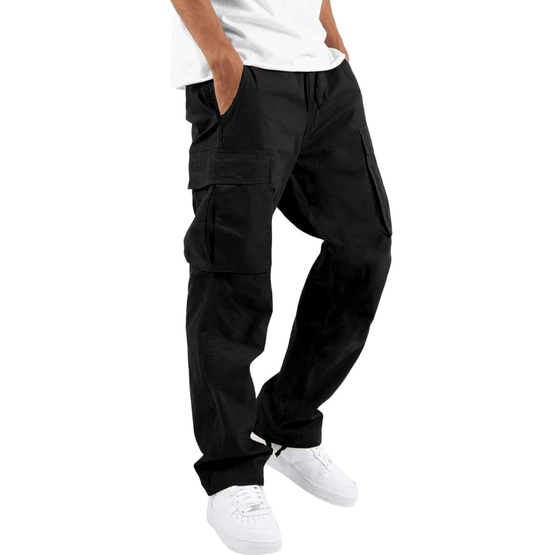 Back view of men's relaxed fit cargo trousers, showcasing spacious rear pockets and comfortable style.