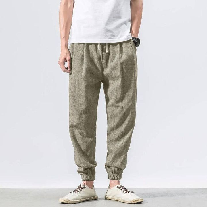 Men's straight leg casual pants, relaxed fit, made from light, breathable fabric with pockets.
