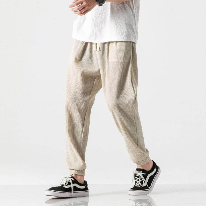Lightweight men's casual pants, straight leg, relaxed fit, with a practical drawstring waist.