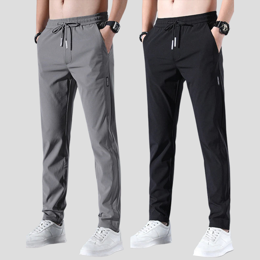 Comfort-focused men's black straight leg trousers, offering a relaxed fit for daily wear and travel.