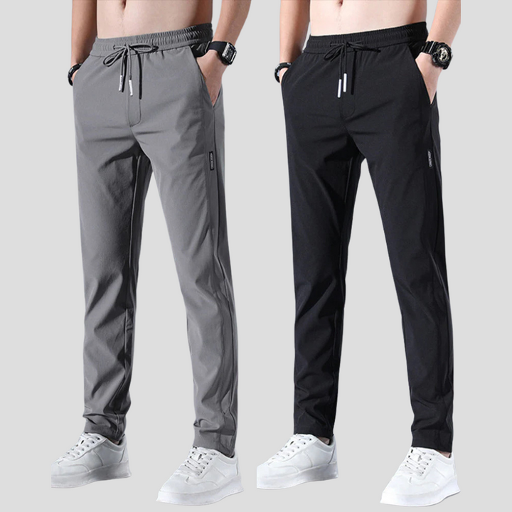 Comfort-focused men's black straight leg trousers, offering a relaxed fit for daily wear and travel.