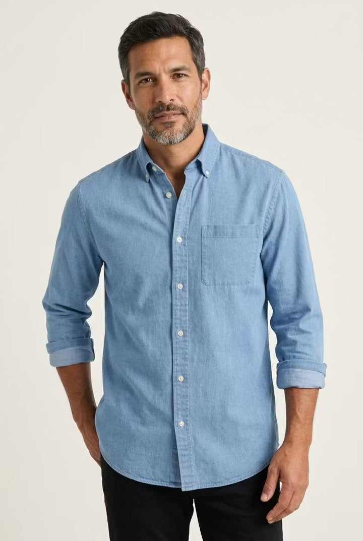 Men's relaxed fit chambray shirt, long sleeve, for casual everyday style.