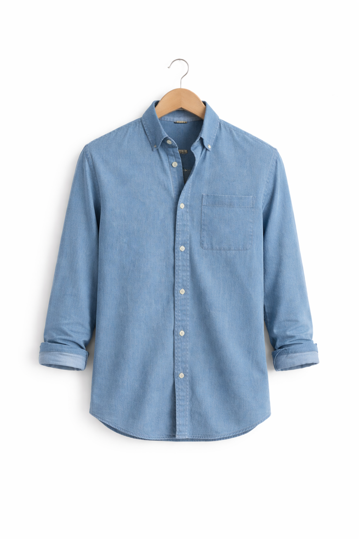 Men's long-sleeve chambray shirt, relaxed fit, for all-season casual and weekend wear.