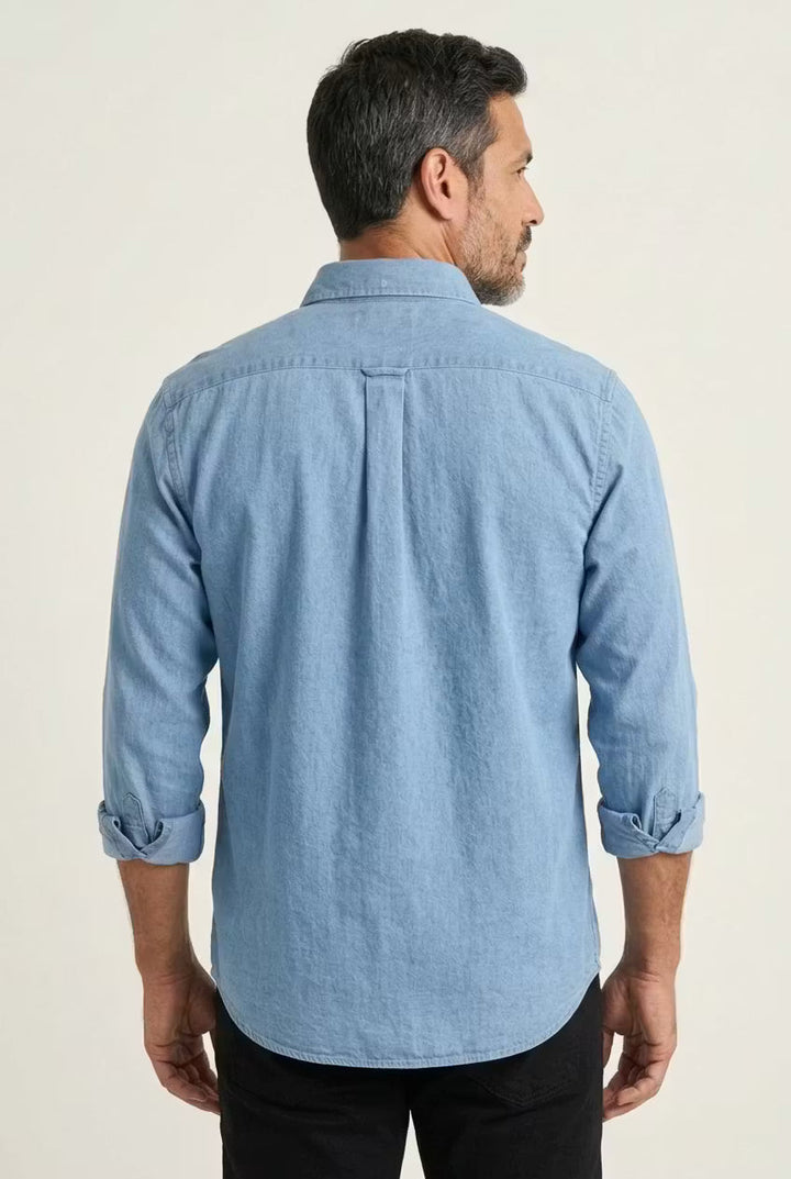 Men's casual chambray shirt, long sleeve, relaxed fit, perfect for layering or solo wear.