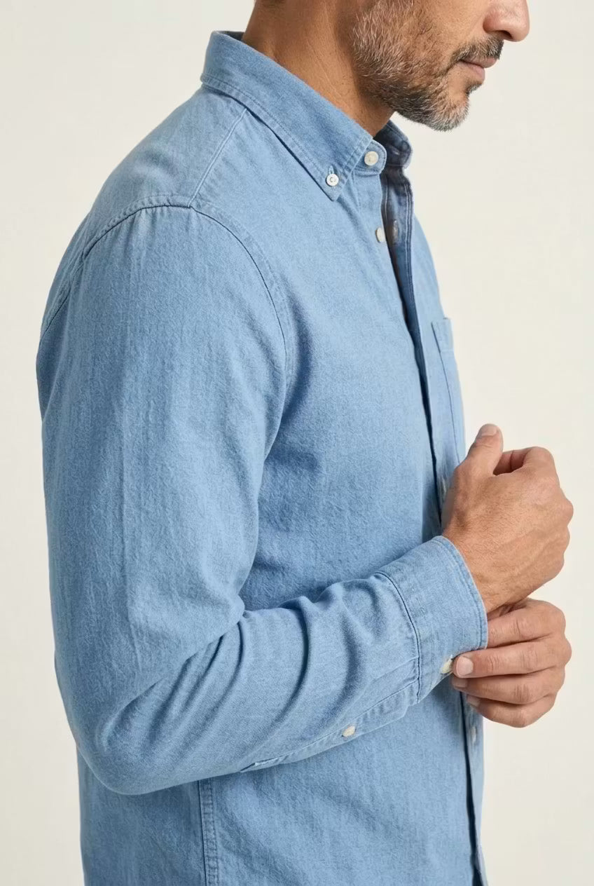 Comfortable men's relaxed fit chambray shirt for everyday, button-up, all season.