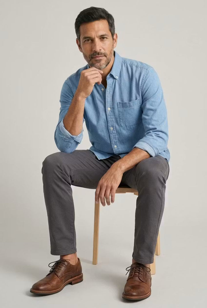 Everyday men's button-up chambray shirt, relaxed fit, comfortable for all activities.