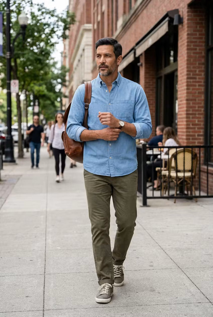Men's relaxed fit chambray shirt, perfect for casual style, long sleeve, all season wear.