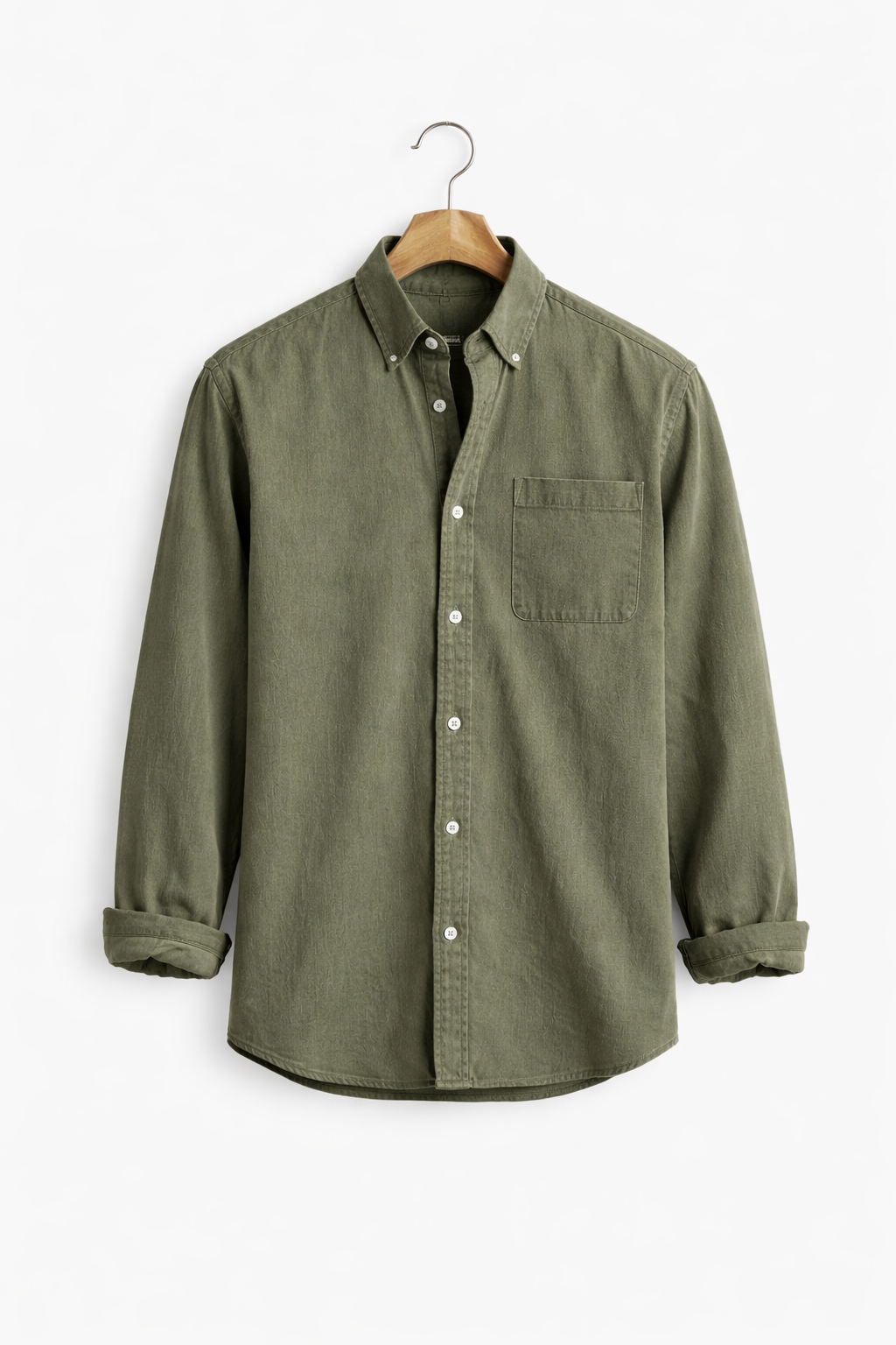 Blue chambray button-up shirt for men, relaxed fit, perfect for weekend wear.
