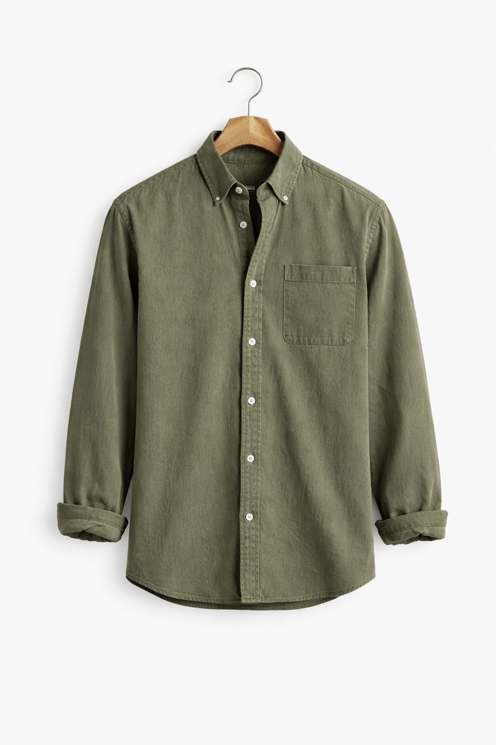 Blue chambray button-up shirt for men, relaxed fit, perfect for weekend wear.