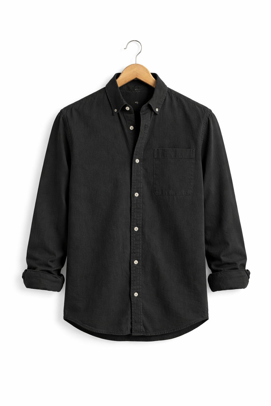 Comfortable men's long-sleeve chambray shirt, versatile for all-season layering.