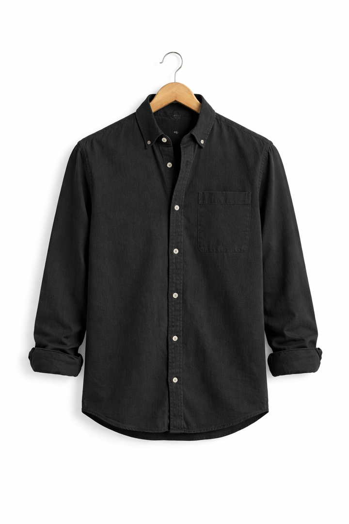 Comfortable men's long-sleeve chambray shirt, versatile for all-season layering.