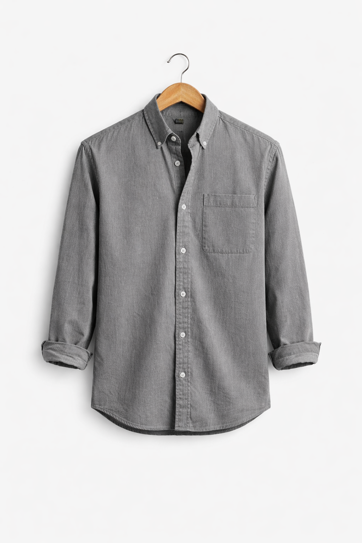 Stylish men's relaxed fit chambray shirt, ideal for smart casual and everyday looks.
