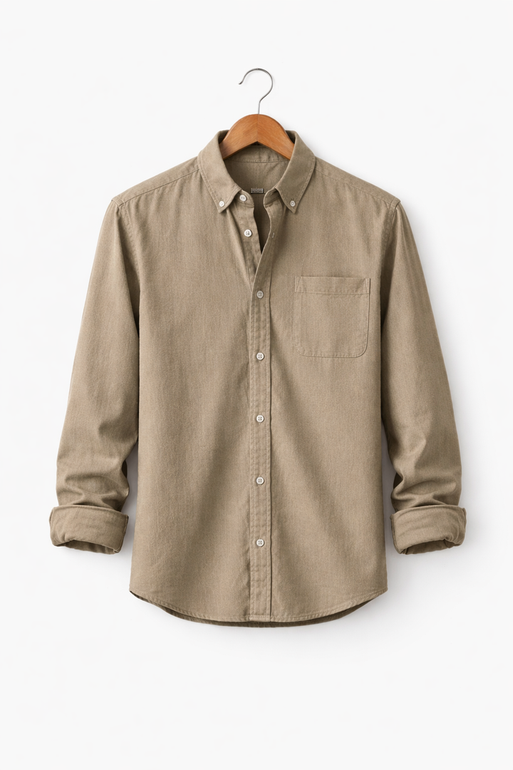 Classic men's chambray button-up shirt, long sleeves, great for casual wear.