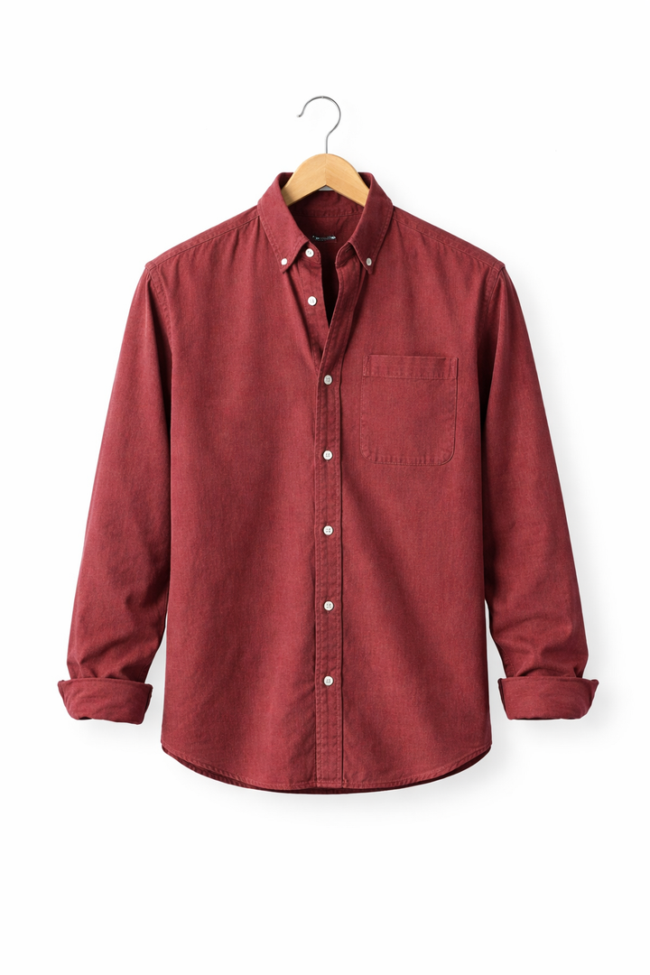 Layering men's chambray shirt, relaxed fit, button-up, for versatile outfits.