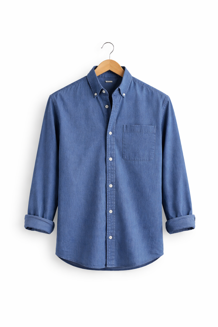 Men's comfortable long-sleeve chambray shirt, relaxed fit for everyday casual style.
