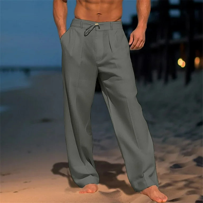 Men's relaxed fit chino trousers in light beige, perfect for comfortable summer casual wear.