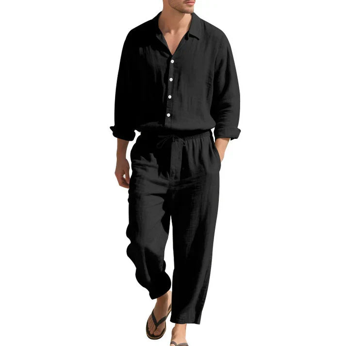 Men's relaxed fit co-ord set with button shirt & drawstring trousers. Perfect casual summer outfit.