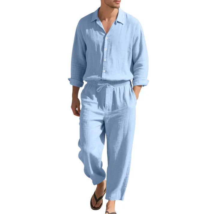 Comfortable men's relaxed fit drawstring trousers, part of a casual two-piece summer co-ord set.