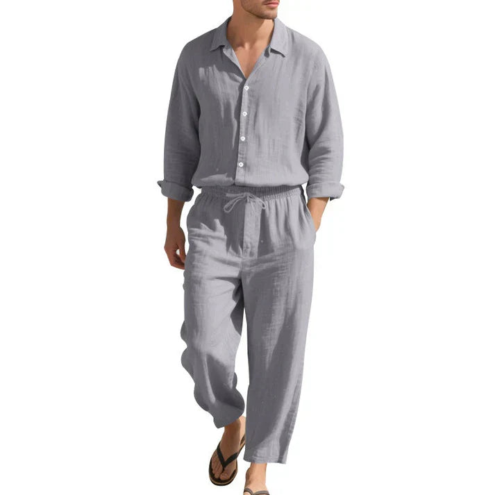 Fashionable men's two-piece relaxed fit co-ord set for casual wear, vacation, or summer resort outfits.