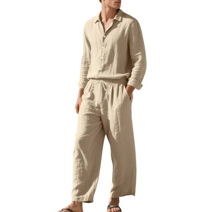 Modern men's relaxed fit shirt and trousers co-ord set, a stylish and comfortable casual summer ensemble.