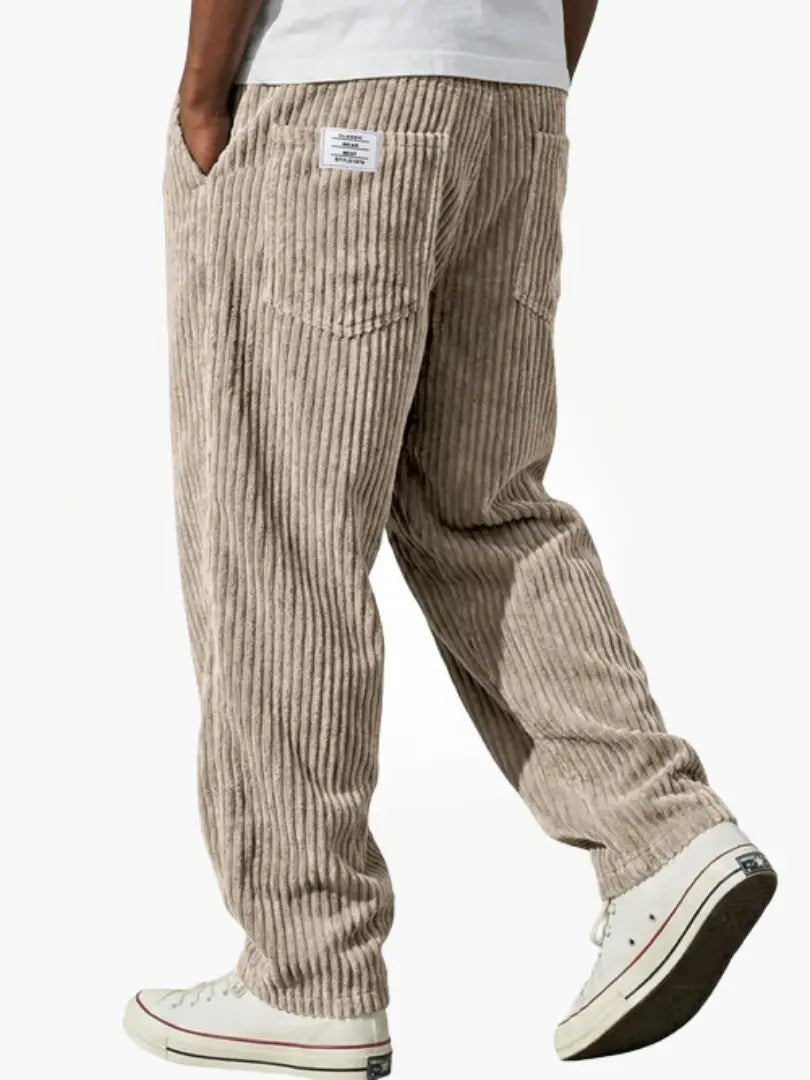 Men's relaxed fit corduroy drawstring trousers in a versatile brown shade, perfect for casual everyday comfort.