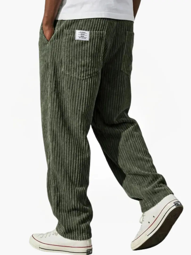Front view of relaxed men's corduroy pants with adjustable drawstring, suitable for casual and comfortable outfits.