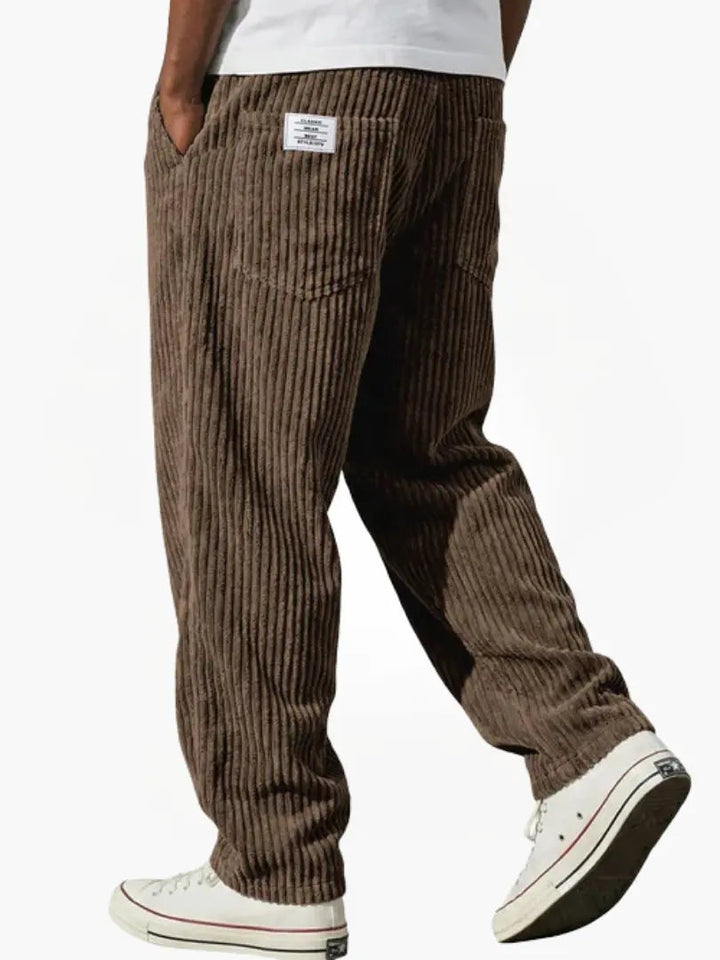 Stylish brown corduroy drawstring trousers for men, relaxed fit for ultimate everyday comfort and casual fashion.