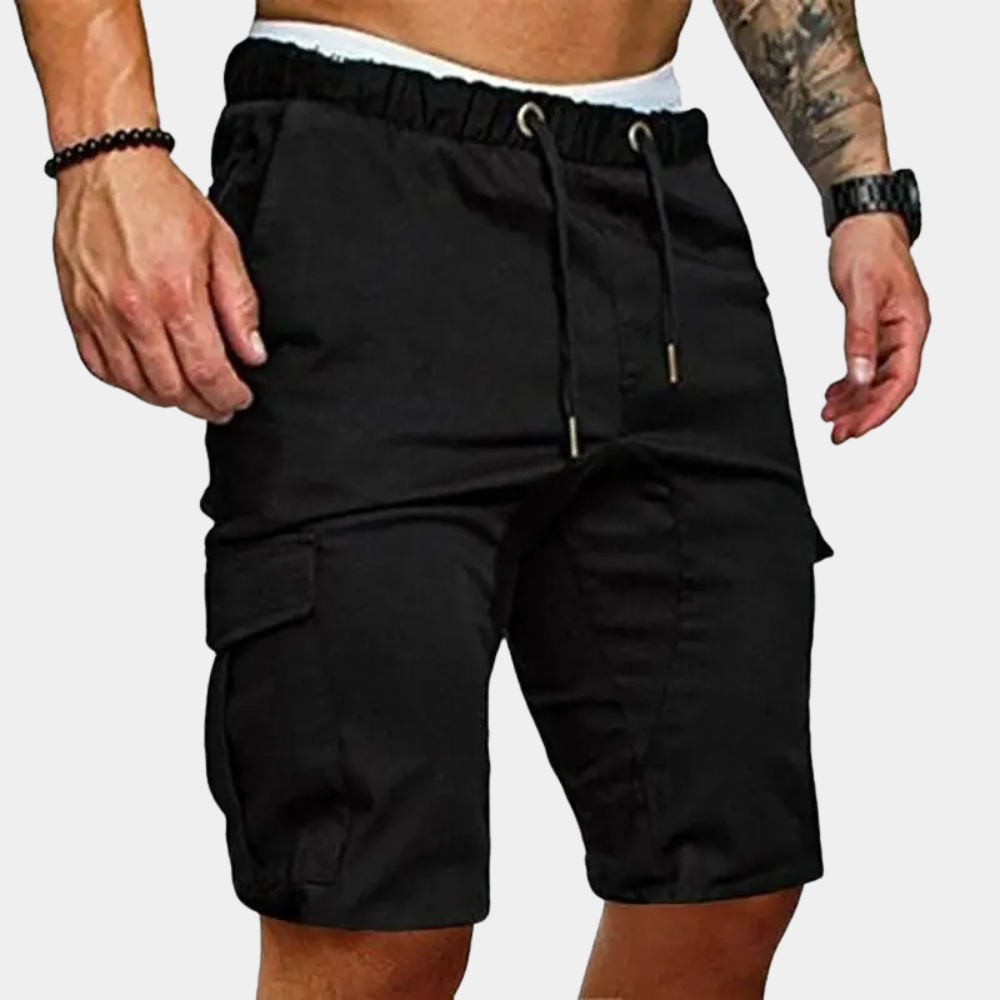 Men's relaxed fit drawstring cargo shorts in a neutral color, perfect for casual summer wear with utility pockets.