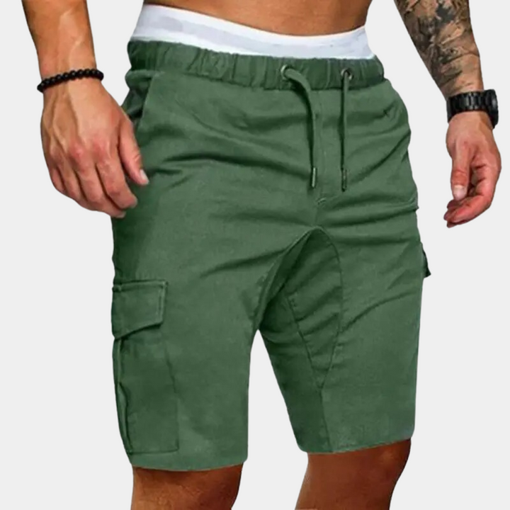 Back view of comfortable men's drawstring cargo shorts, showcasing relaxed fit and durable fabric for summer.