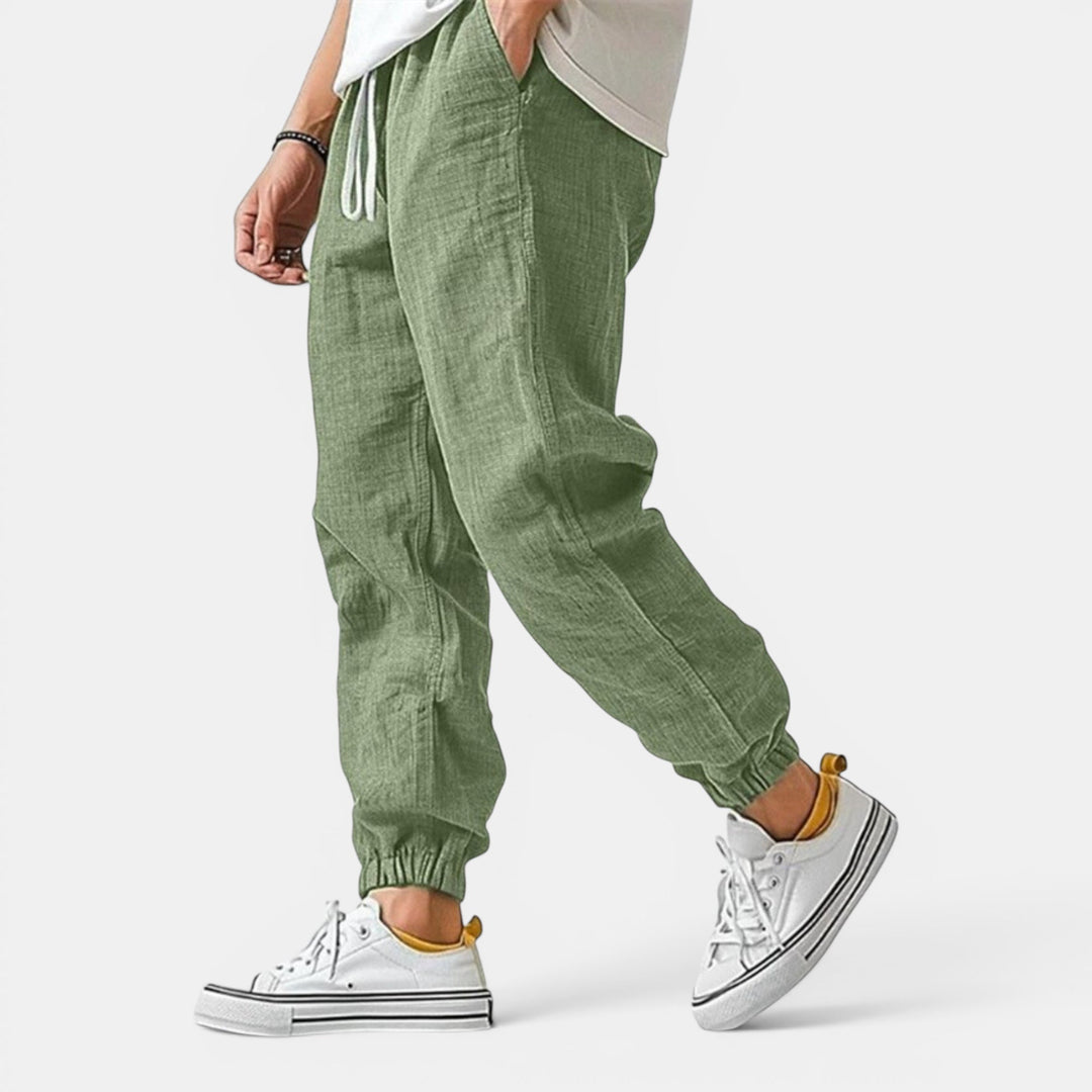 Summer mens pants with drawstring waist. Breathable, relaxed fit for comfort & casual everyday style.