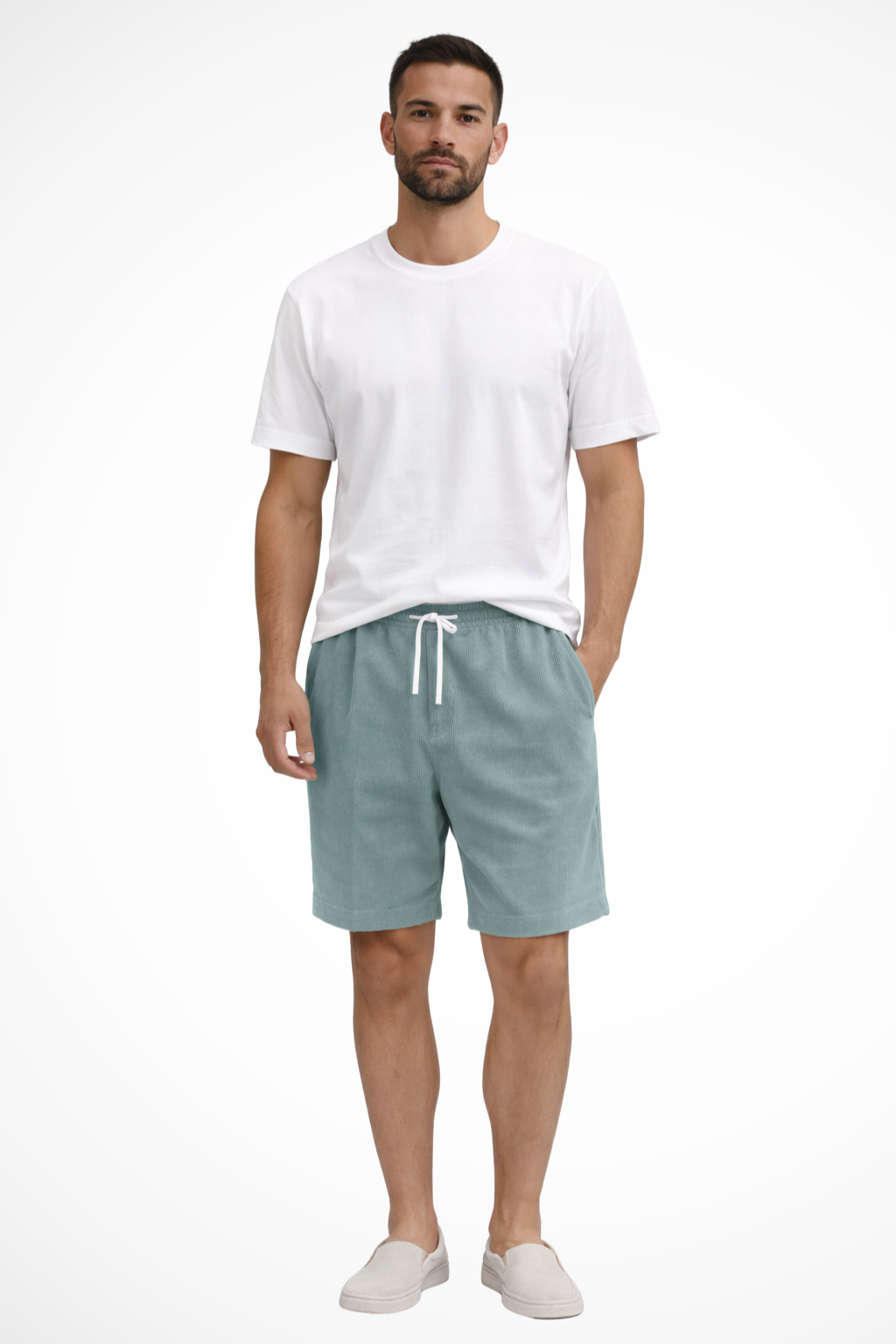 Detail of a functional pocket on men's relaxed fit casual shorts with comfy drawstring waist for summer.