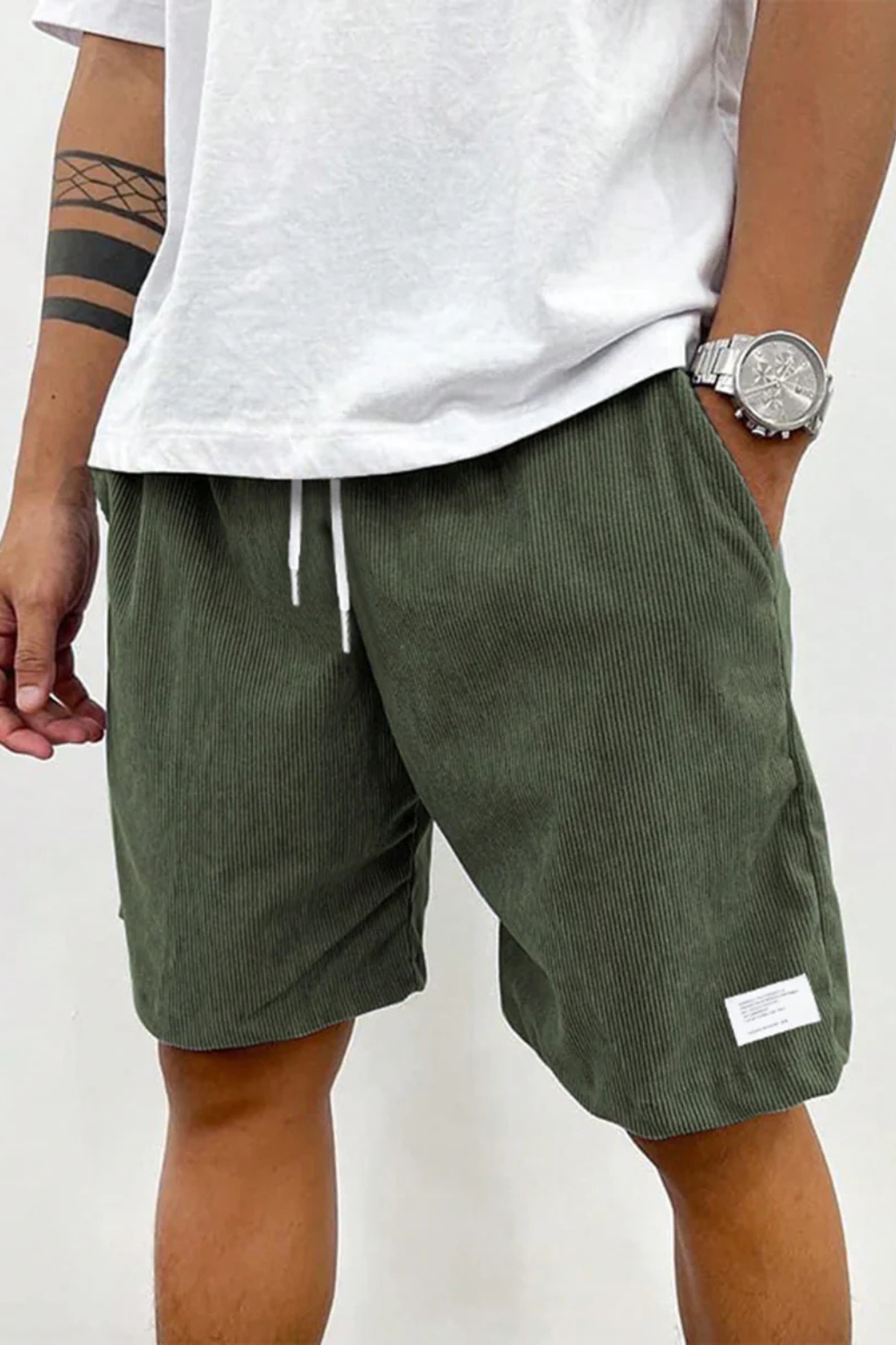 Side view of men's relaxed fit drawstring shorts, showcasing comfort and casual style for summer menswear.