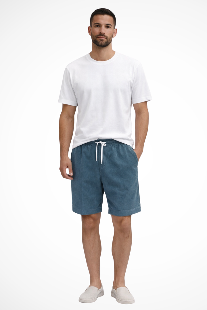 Men's casual drawstring shorts on a model, emphasizing relaxed fit and comfort for versatile summer wear.