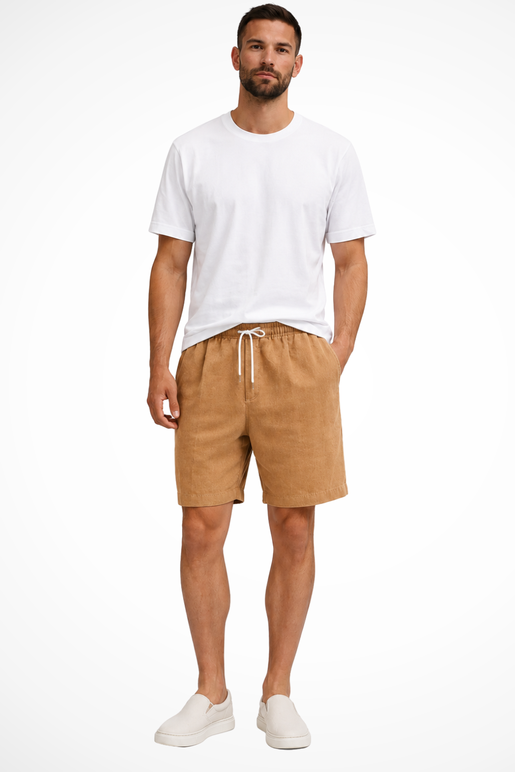 Folded men's casual shorts with drawstring waist, showcasing relaxed fit and everyday comfort for summer.