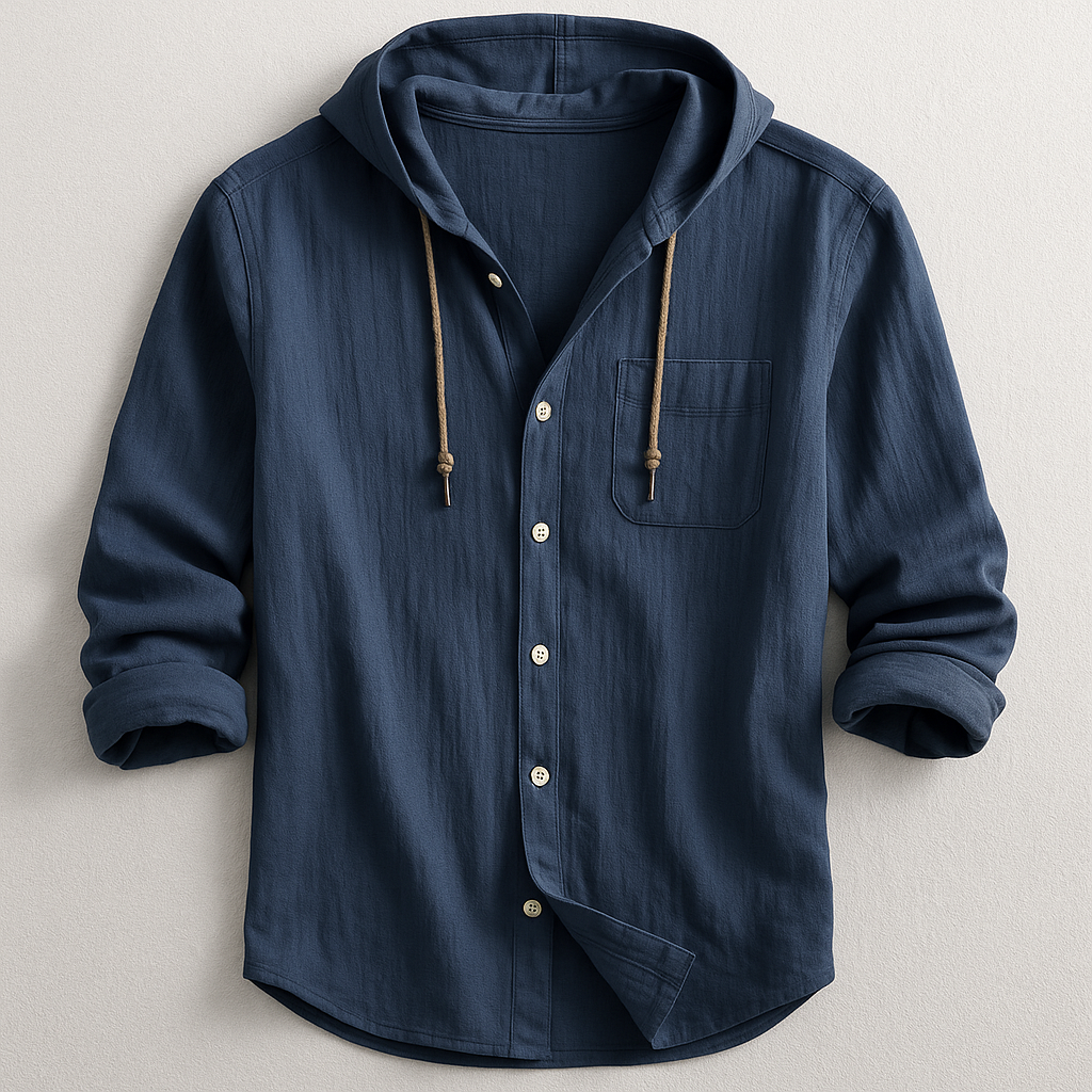 Men's relaxed fit hooded button shirt, lightweight for casual everyday wear.