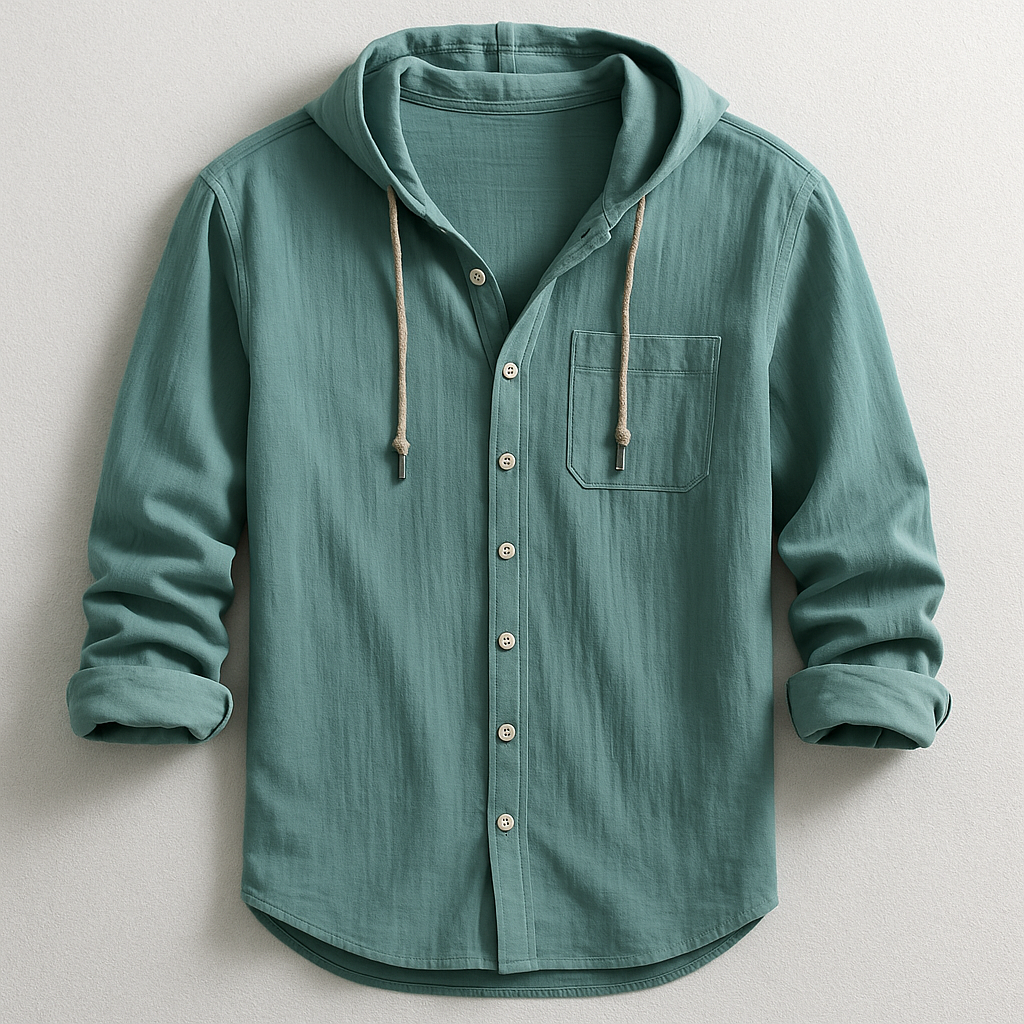 Stylish men's hooded button-up overshirt, relaxed fit. Perfect for spring/summer casual fashion.