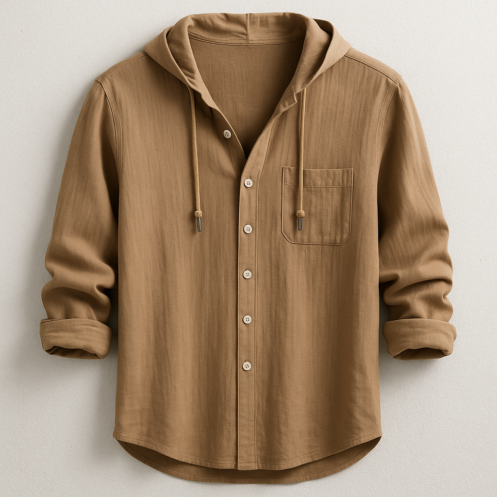 Versatile men's relaxed fit hooded button shirt, ideal lightweight top for everyday casual fashion.