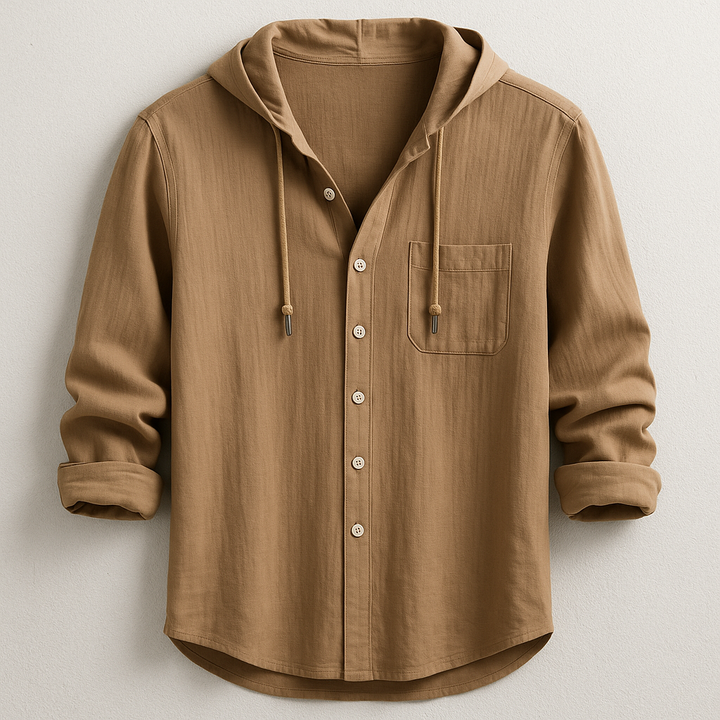Versatile men's relaxed fit hooded button shirt, ideal lightweight top for everyday casual fashion.