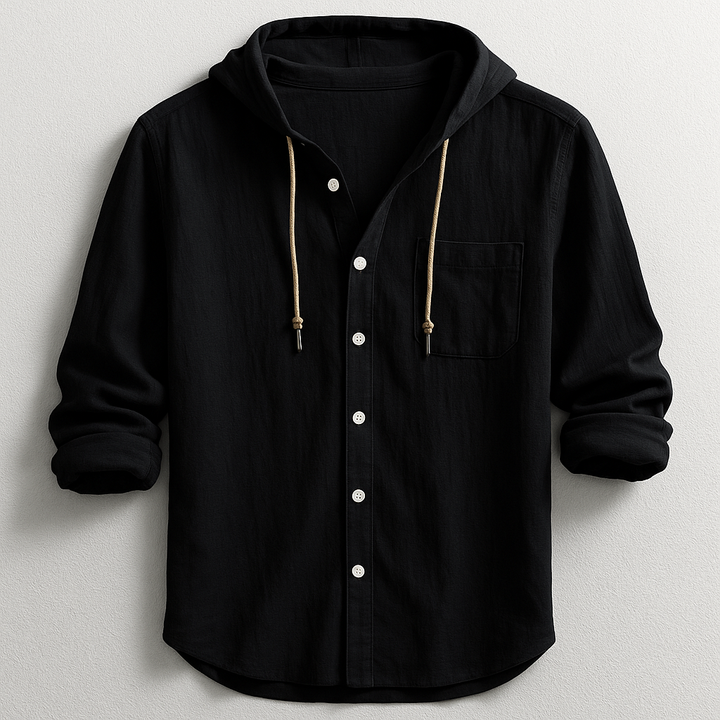Trendy men's relaxed fit hooded button shirt, a stylish choice for versatile spring & summer fashion.