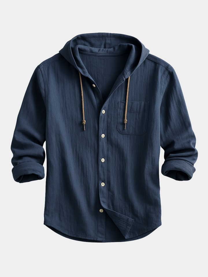Relaxed fit men's hooded button shirt, a lightweight, versatile top for casual everyday wear.