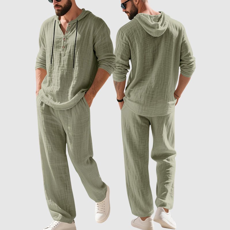 Full shot of men's fashion relaxed-fit hooded two-piece set. Versatile loungewear and summer outfit.