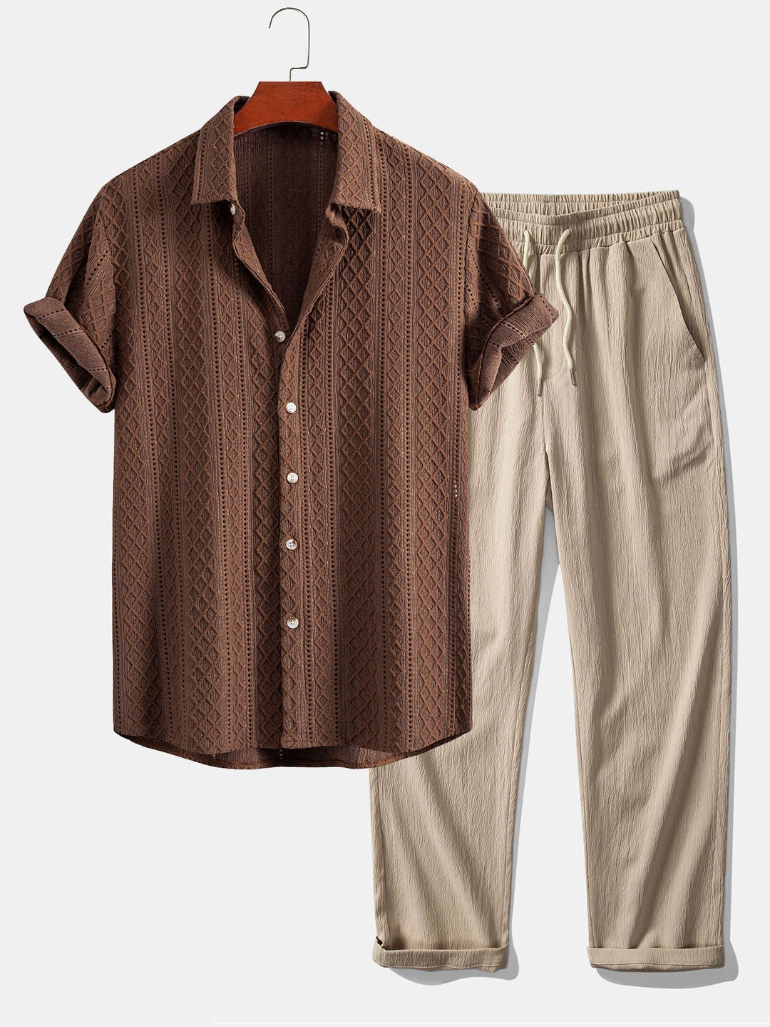 Men's relaxed fit jacquard shirt and straight leg trousers coordinated set. Stylish two-piece for smart casual summer wear.