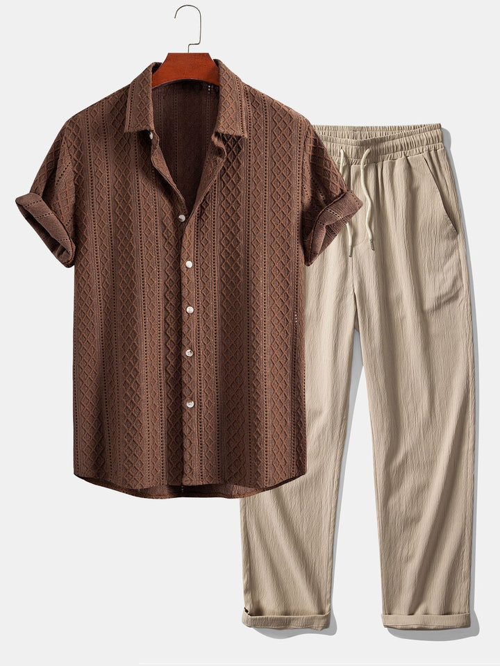 Men's relaxed fit jacquard shirt and straight leg trousers coordinated set. Stylish two-piece for smart casual summer wear.