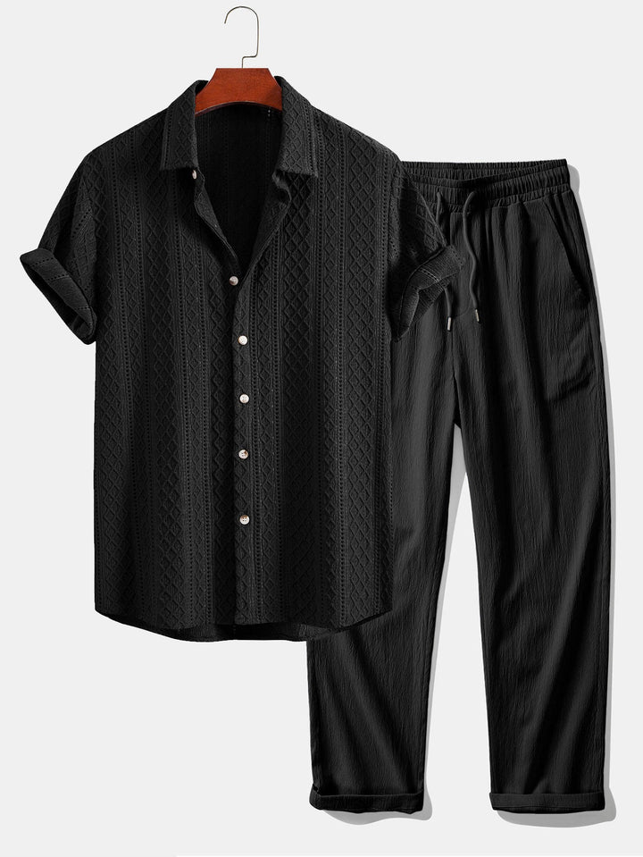 Stylish men's jacquard shirt and straight leg trousers matching set. Versatile smart casual outfit for summer fashion.
