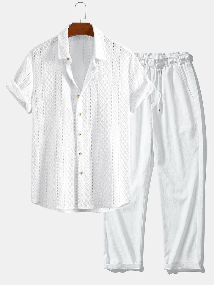 Men's jacquard shirt and straight leg trousers relaxed set. Comfortable & stylish two-piece for men's summer clothing.