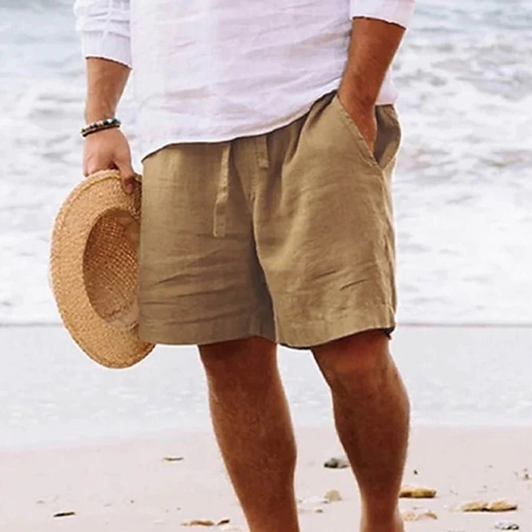Men's relaxed-fit linen drawstring shorts for effortless summer comfort and casual wear.