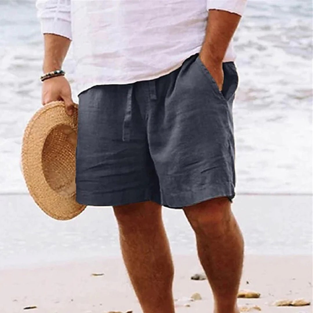 Casual men's pull-on linen shorts, ideal for beach, vacation, and warm weather activities.