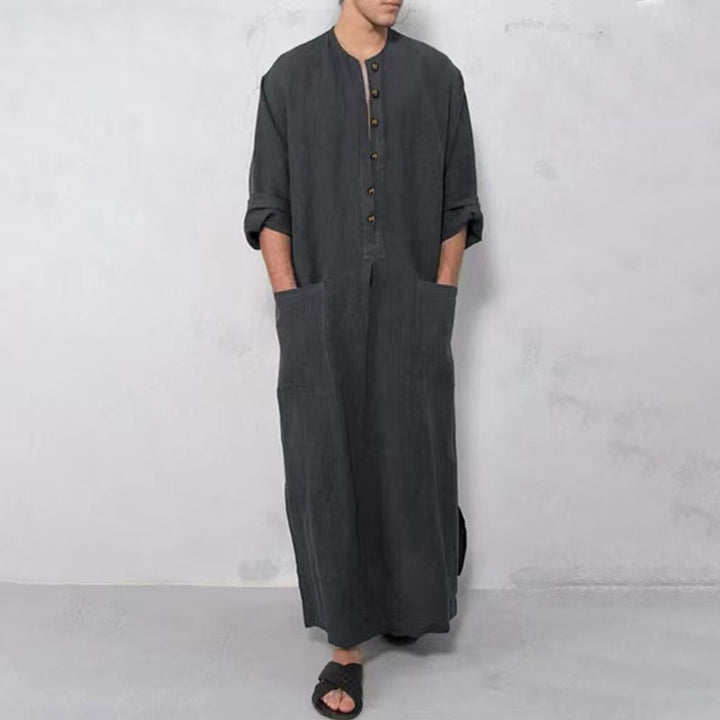 Breathable men's linen kaftan tunic robe with buttons, ideal for casual summer and loungewear.